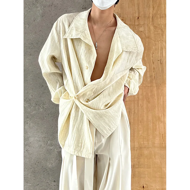 Irregular Shirt Vintage Neutral Wind Two Button Neck Shirt Top