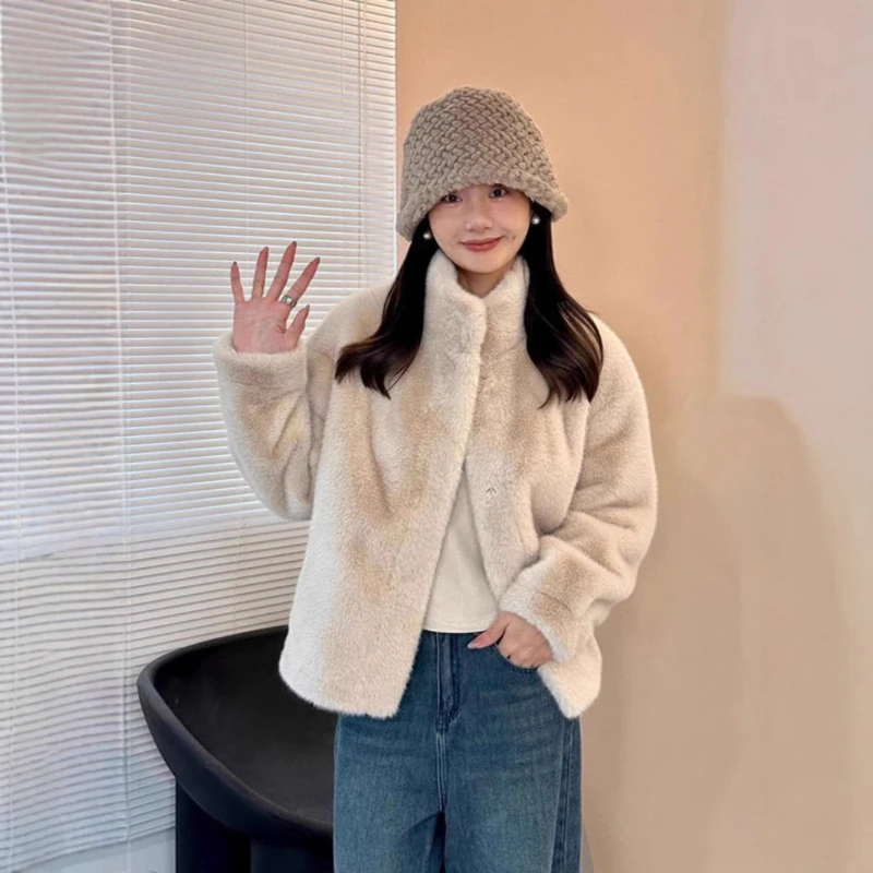 Colletto alla coreana Giacche in pelliccia sintetica Cappotti corti in peluche bianco solido Giacca pelosa di visone finto allentata calda e spessa di lusso Soffice casual elegante