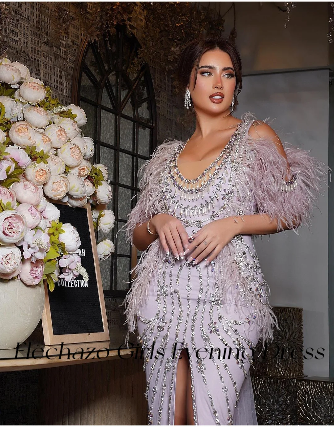 Flechazo Light Purple Evening Dresses Luxury Sewn Bead Sexy Slit Feathers Formal Party Dress For Women 2024 فساتين سهره فاخره