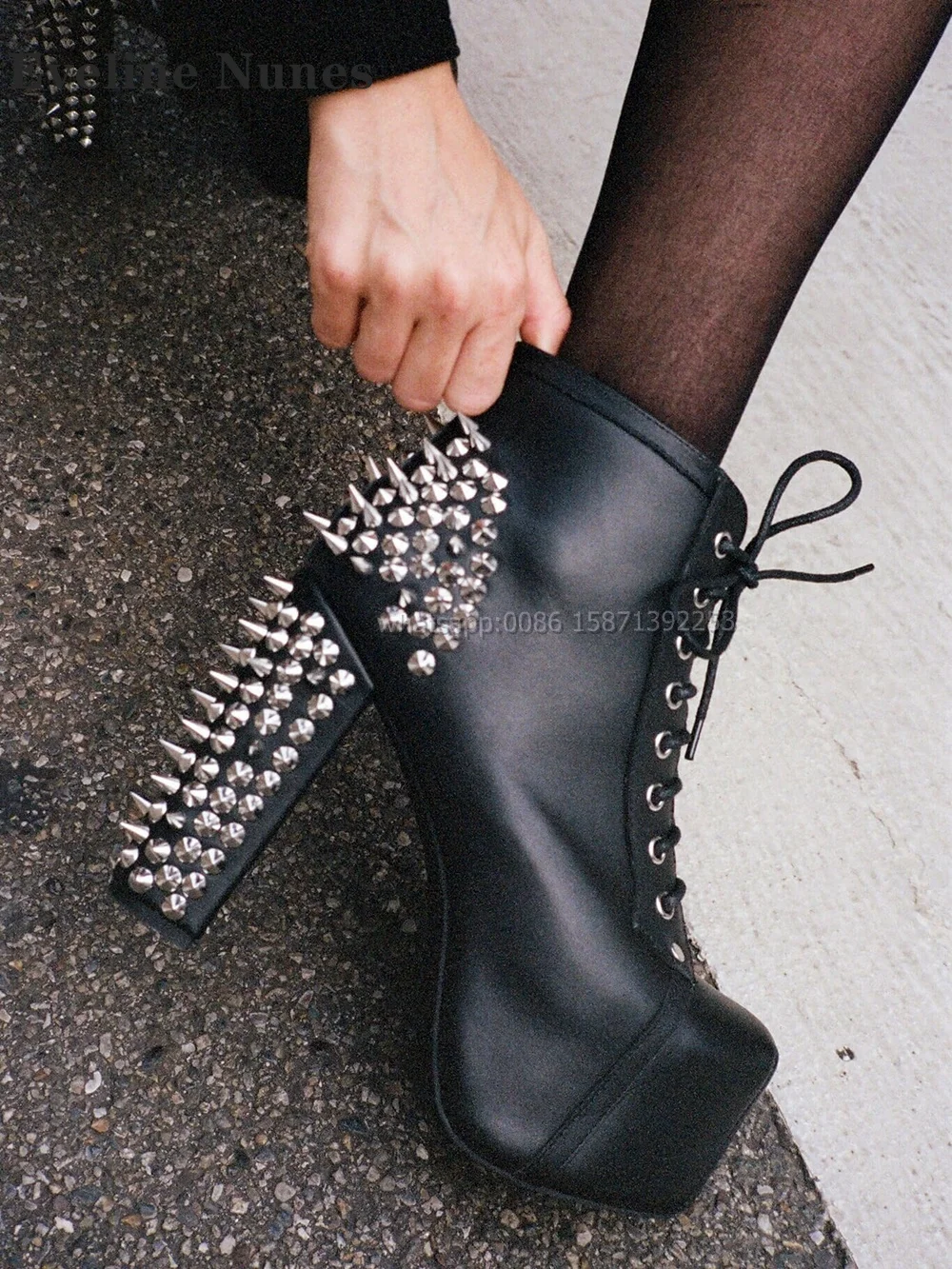 Rivet Decoration Platform Ankle Boots Round Toe Height Increasing Solid Cross Tied Patchwork Booty Sexy Punk Spicy Girl Shoes