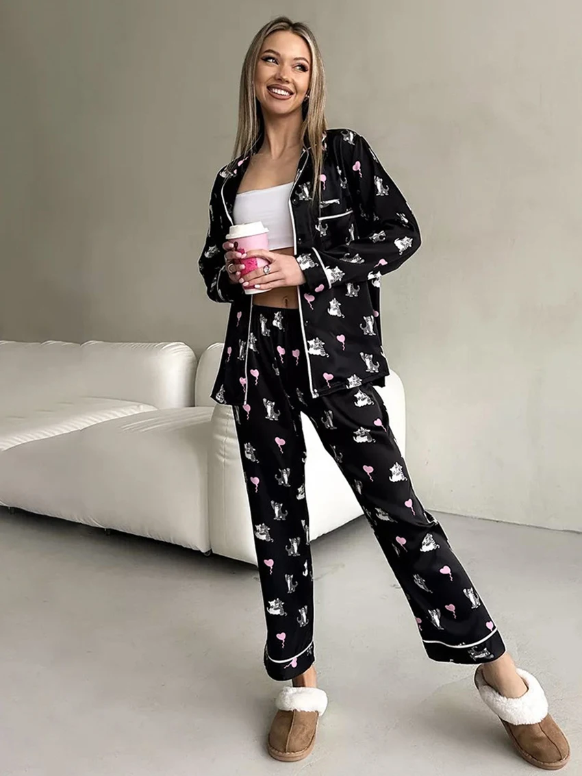 

Marthaqiqi Printing Ladies Nightgowns Set Sexy Turn-Down Collar Nightwear Long Sleeve Sleepwear Pants Casual Female Pajamas Suit