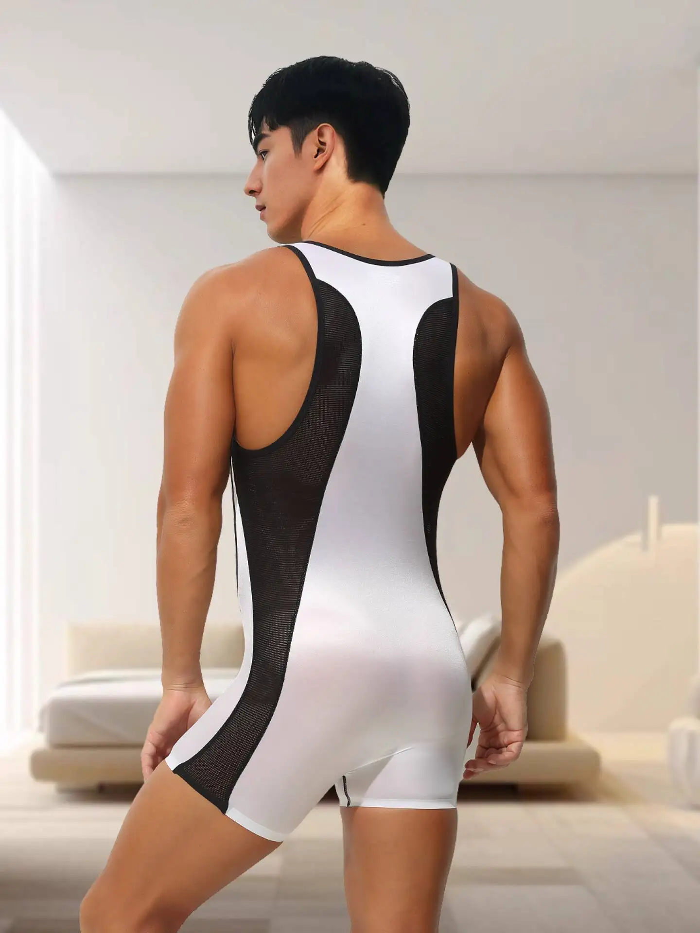 الصيف الأبيض انظر من خلال مثير Bodycon Playsuit رومبير الرجال الساتان أكمام أزياء المنزل بذلة #1