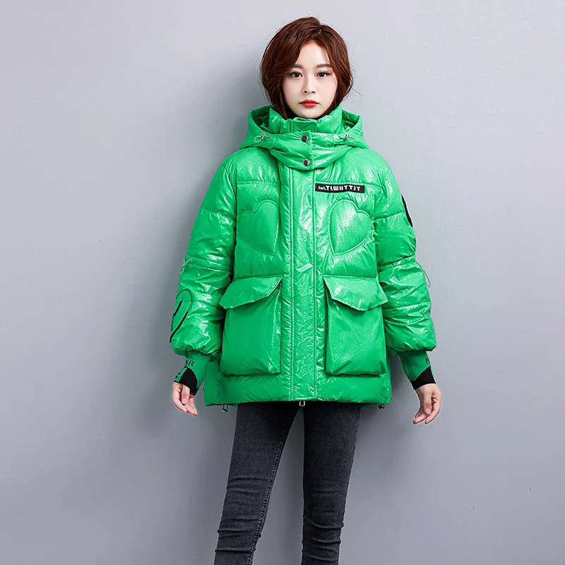 

Korean Fashion Winter Short Jacket Women Waterproof Shiny Candy-Colored White Duck Down Coat Female Loose Hooded Parker Overcoat