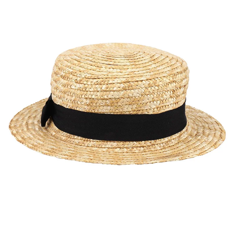 

6X Cute Child Girls Straw Hat Bowknot Sun Hat Kids Large Brim Beach Summer Boater Beach Ribbon Round Flat Top Fedora Hat