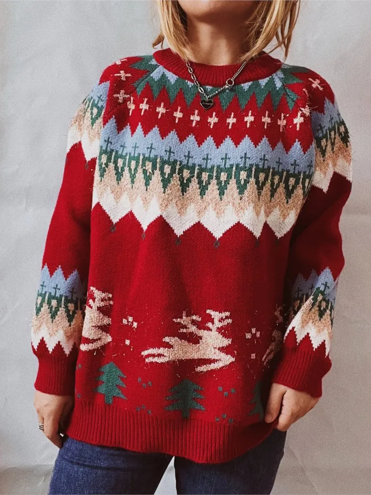 

Женский рождественский пуловер с рукавами в виде лося и рождественской елки, осенне-зимний свободный повседневный свитер с круглым вырезом и длинными рукавами