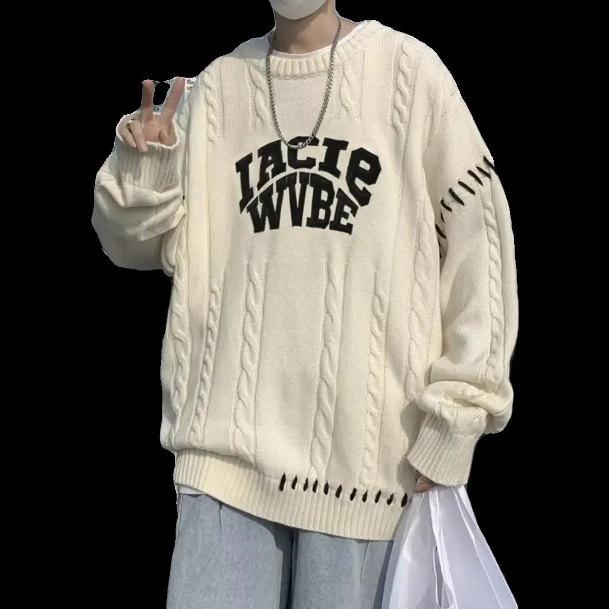 Suéter de Malha Plus Size com Gola Redonda Casual Ajuste Solto Moda Masculina Outono Inverno Estilo Retro Coreano Roupas para...