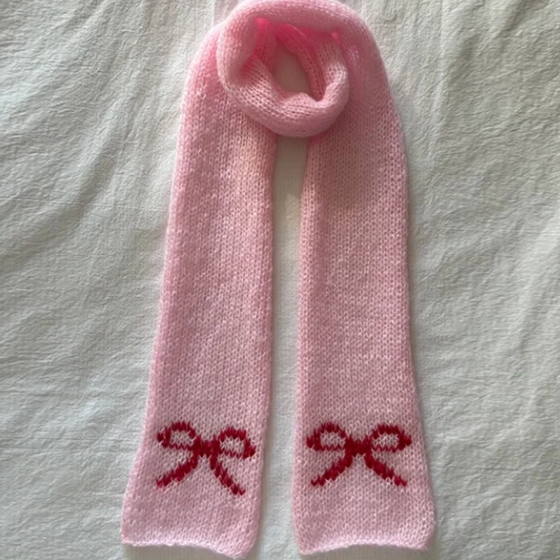 Bowknot Patterm Soft Warm Scarf Y2k Fairy Aesthetic Japanese Kawaii Knitted Scarf Clothing Accessories Winter Neck Warmer Scarf