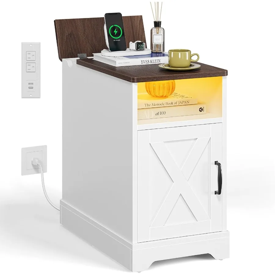 Farmhouse Nightstand with Charging Station and LED Strip Light Narrow End Table for Bedroom, Wood Finish, White, Space-Saving D