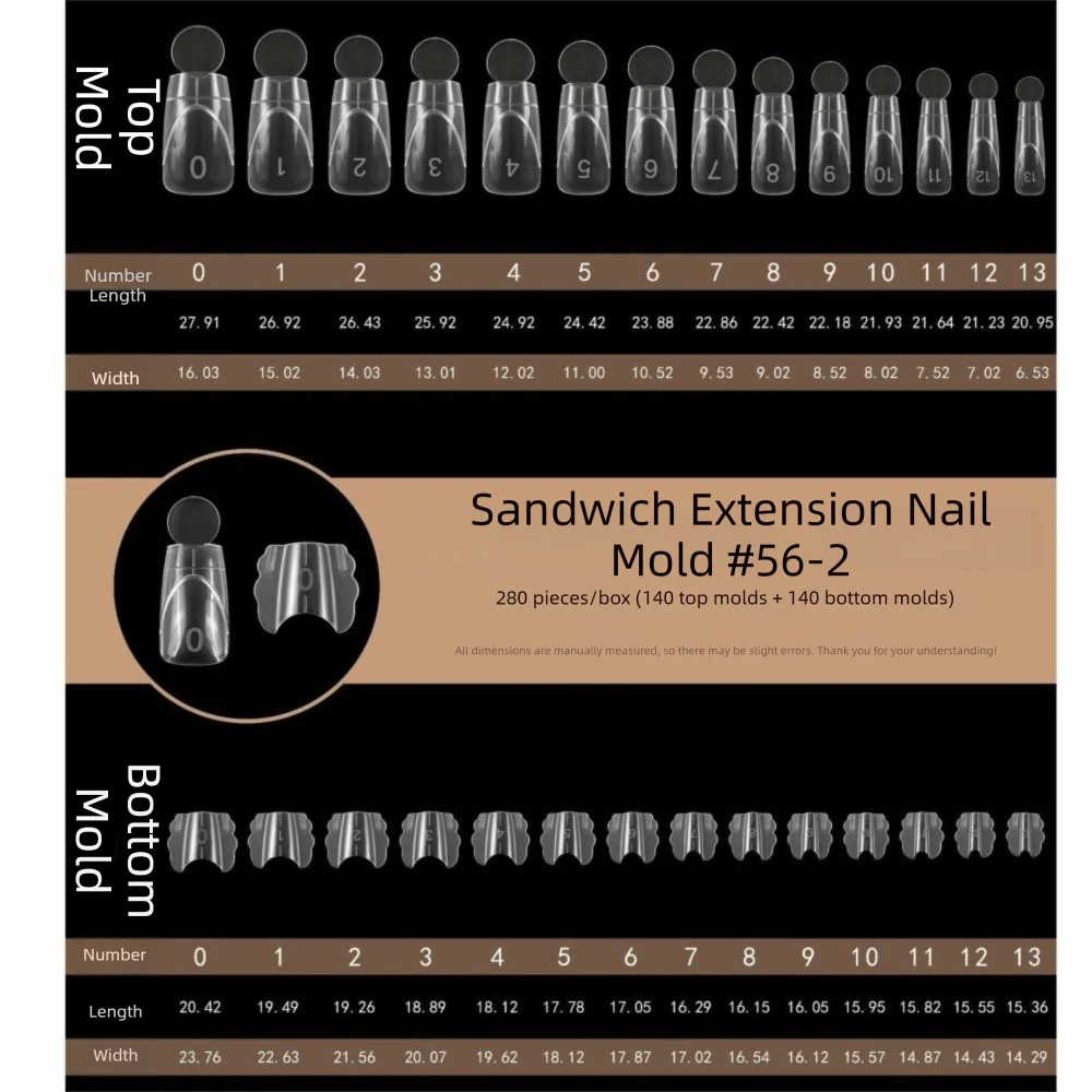 280pcs 14 Sizes Sandwich Dual Nail Forms Reusable Transparent Nail Extension Forms Square Oval Double-Layer Nail Molds