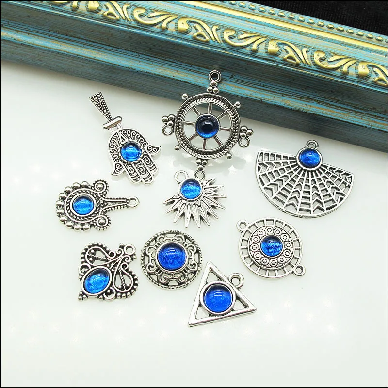 Retro Blue Glaze & Tibetan Silver Plated Heart Triangle Palm Fans Flower Guitar Charms