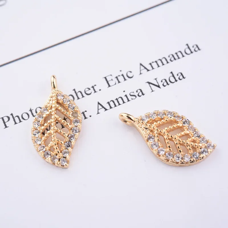 (987)4PCS 14x7MM 24K Gold Color Brass with Zircon Leaf Leaves Charm Pendants for DIY Jewelry Making Findings Accessories