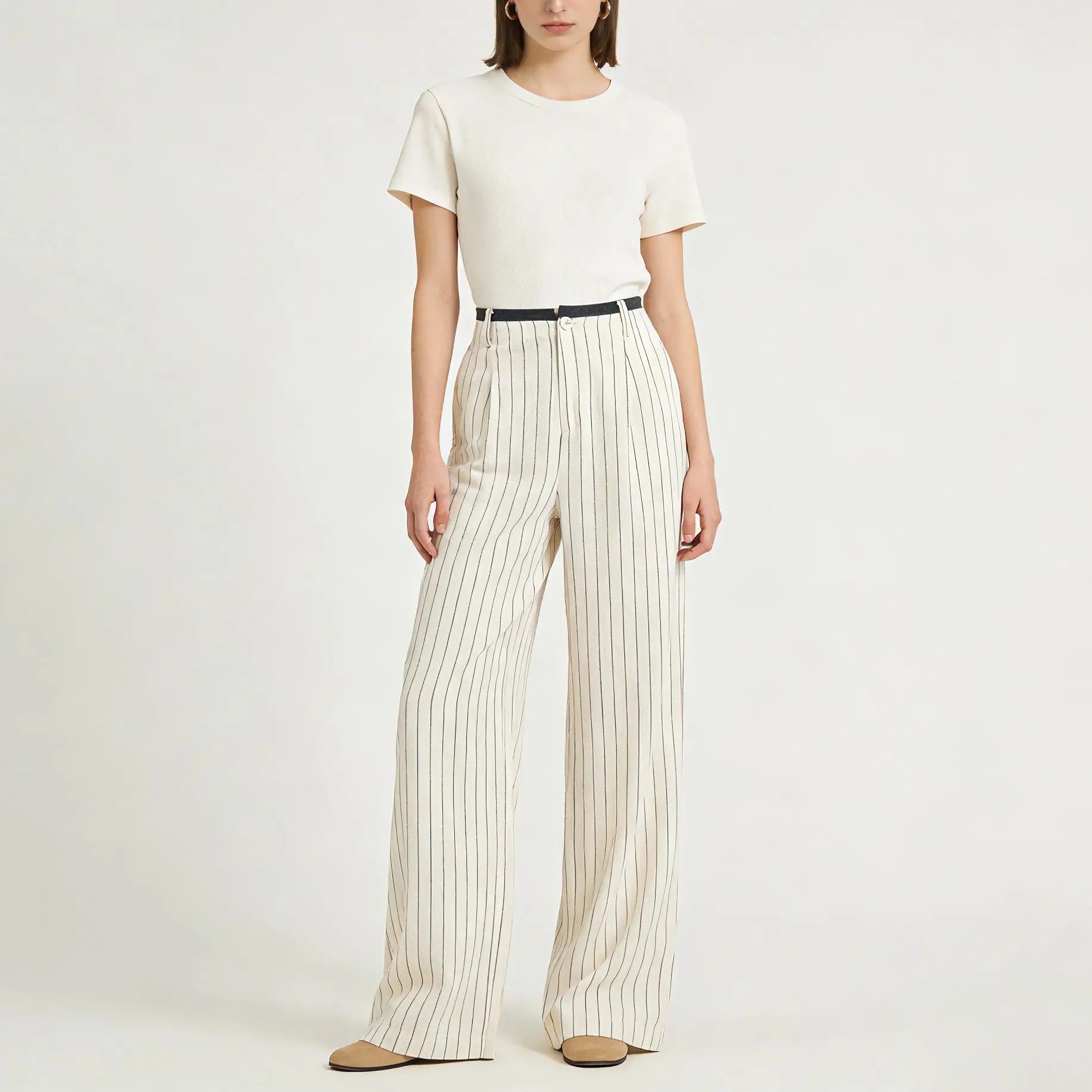 High Waist Wide Leg Pants Linen Material Vertical Stripe Color Block Old Money Style Casual Trousers Spring Summer New Arrival