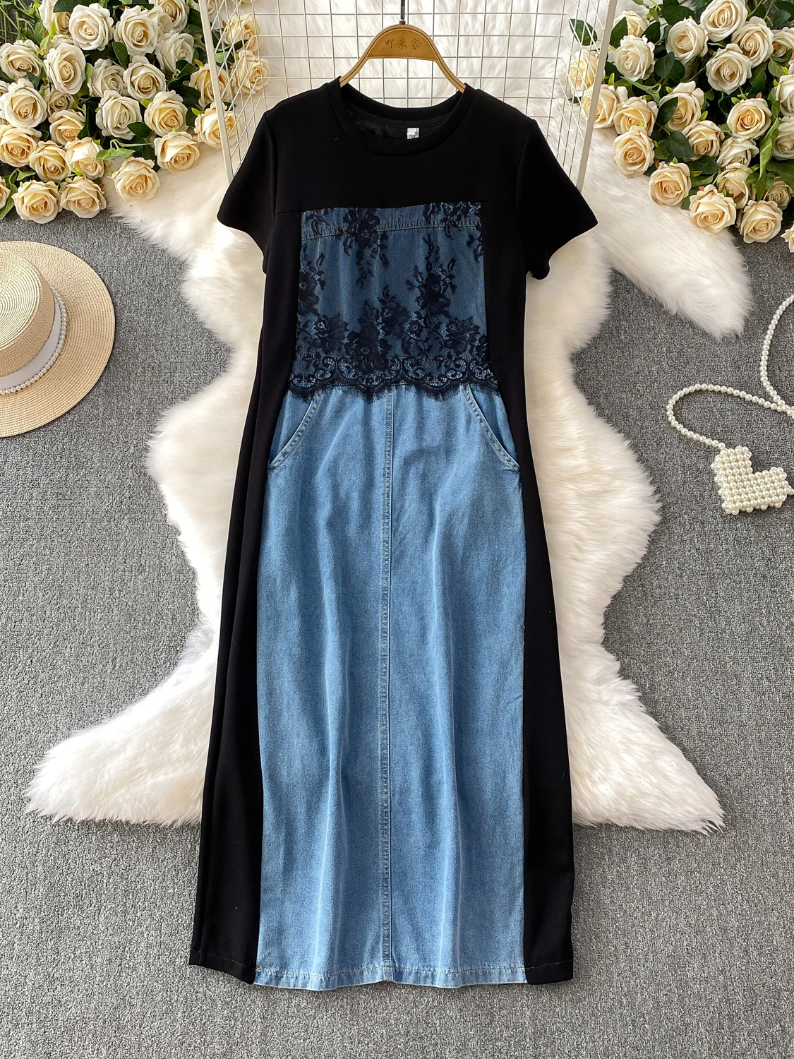 กระโปรงยีนส์ทรงเอวสูง ผ้าเดนิม แต่งผ้าลูกไม้ ทรงเข้ารูป ความยาวปานกลาง สไตล์เกาหลี เหมาะสำหรับใส่ไปทำงาน