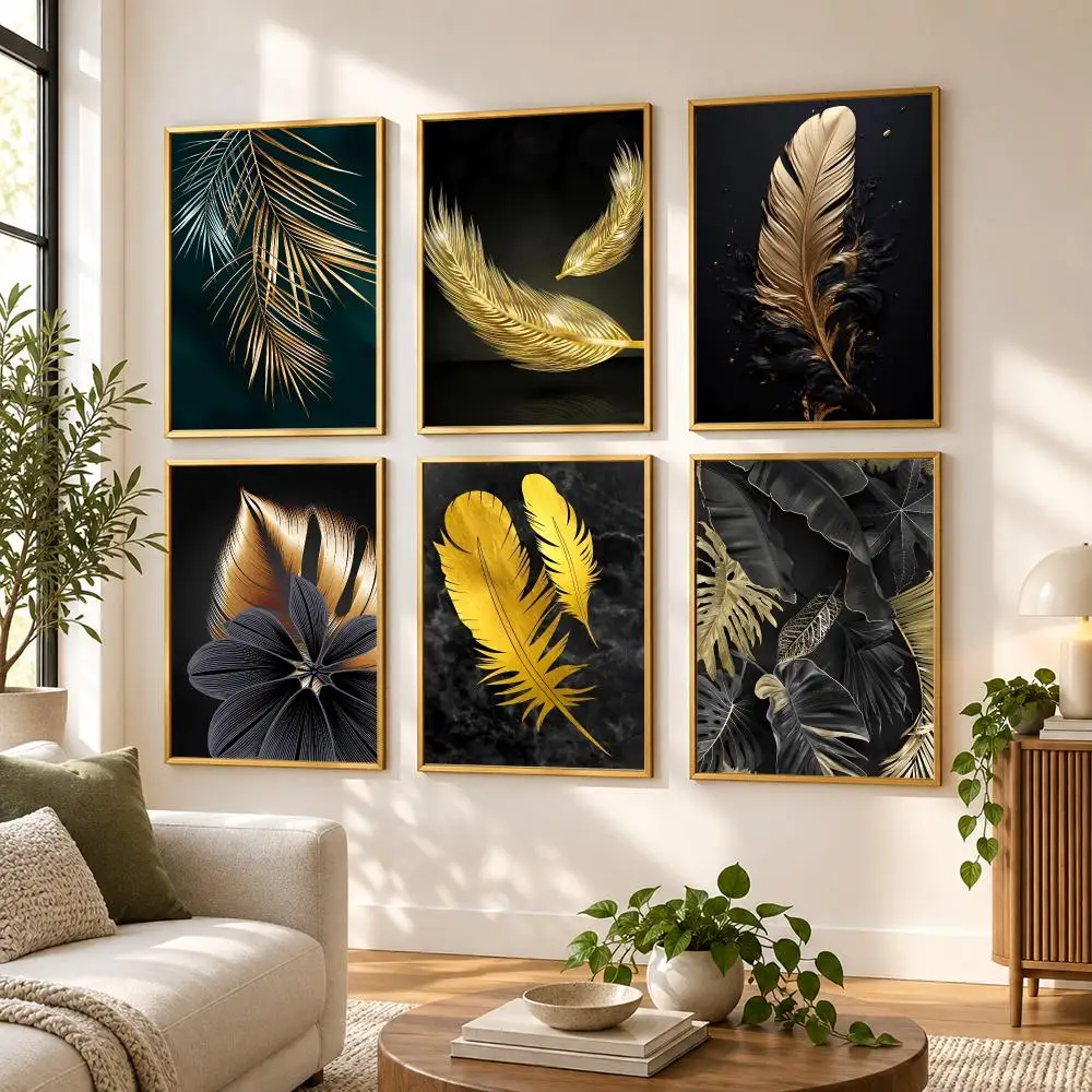 Black Metallic Feather Leaf Poster HD art sticky wall waterproof home living room bedroom bar aesthetic decoration