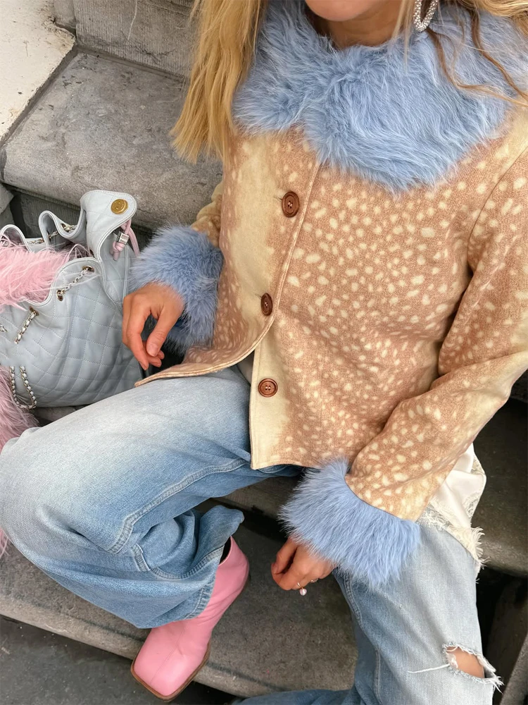 Women Casual Deer Print Faux Fur Cropped Jacket Blue Contrast Lapel Cuff Button Up Fluffy Warm Coat 2026 Winter Street Outfit