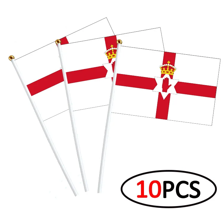 

10Pcs Northern Ireland National Flag Decoration: Hand Waving Flag with Pole 14x21cm Polyester Double Sided Pattern for Bar