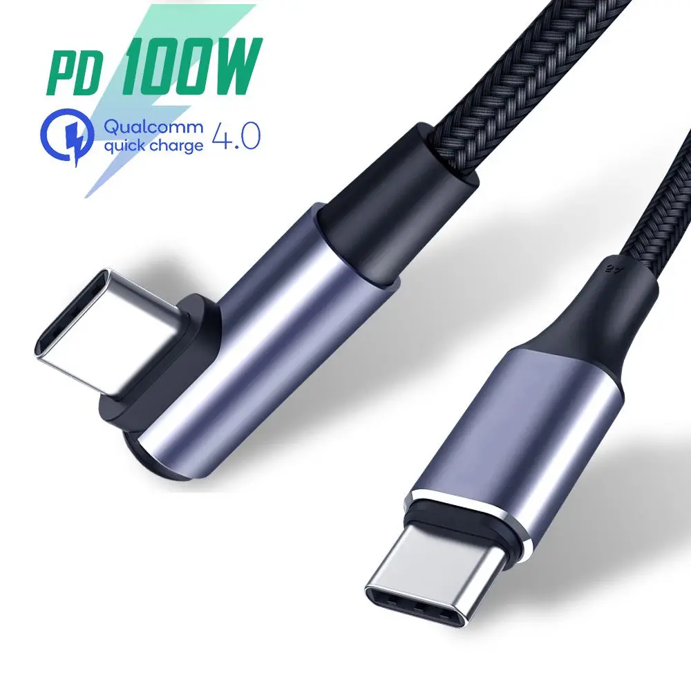 PD 100W Fast Charging Line USB C to USB Type C Cable Quick Charge 4.0 Right Angle Wire Laptop Mobile Phone 90 Degree Data Cable