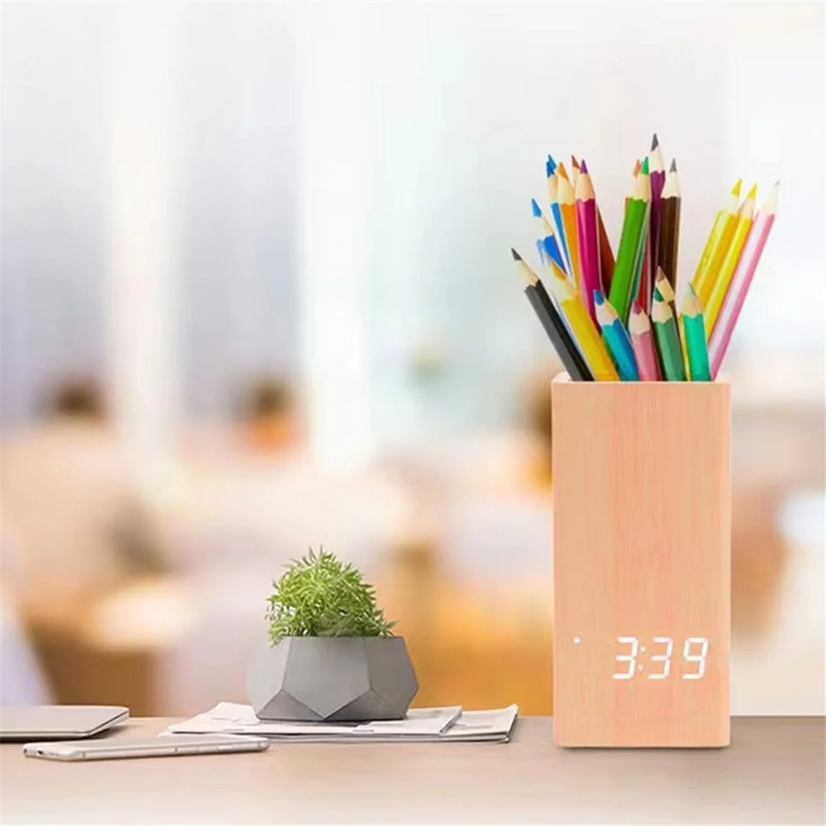 Gfc-Creative ผู้ถือปากกานาฬิกา LED นาฬิกาอิเล็กทรอนิกส์เดสก์ท็อปผู้ถือปากกาเครื่องเขียนนักเรียนควบคุมเสียงนาฬิกาอิเล็กทรอนิกส์ B