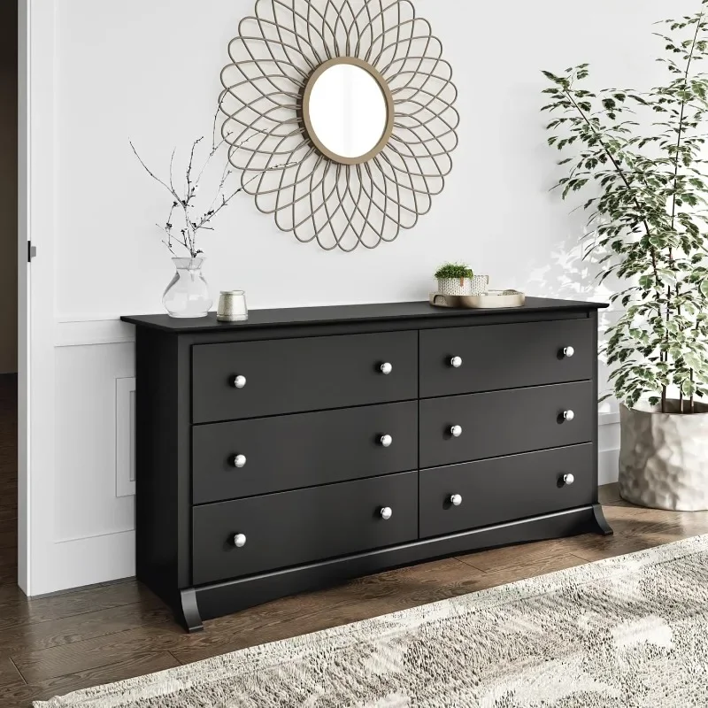 Bedroom Furniture: Black Double Dresser for Bedroom, 6-Drawer Wide Chest of Drawers, Traditional Bedroom Dresser,