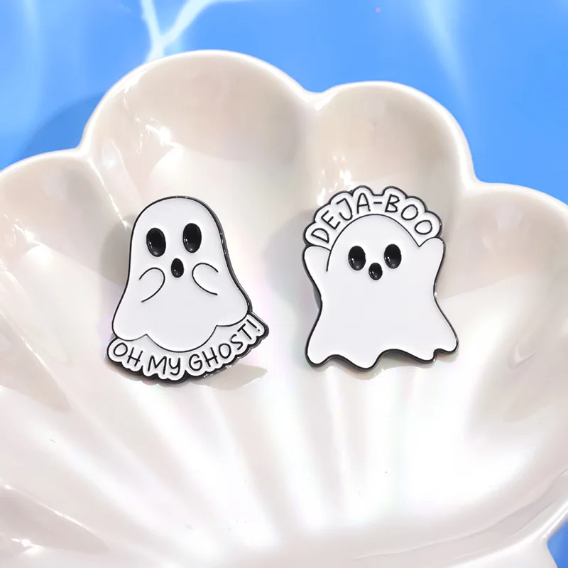 Halloween Enamel Pins Hamburger Banana Milk Tea Cute greedy white ghost brooch Bag Accessories Metal Badge Jewelry Wholesale