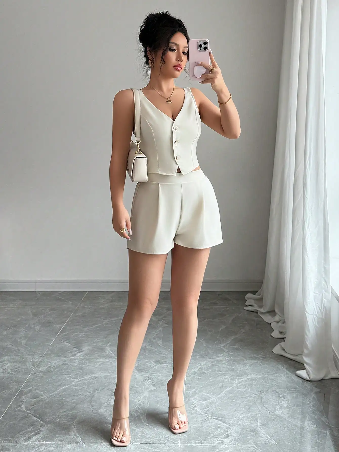 셀리안 아프리콧 캐주얼 & 출퇴근용 단색 앞단추 슬릿 밑단 탑 + 반바지 2피스 세트 (여성용)