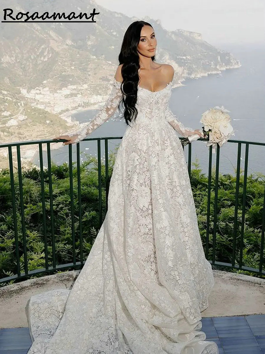 Elegant Long Sleeve A-Line Wedding Dresses Off The Shoulder Appliques Lace Customized Country Bridal Gowns