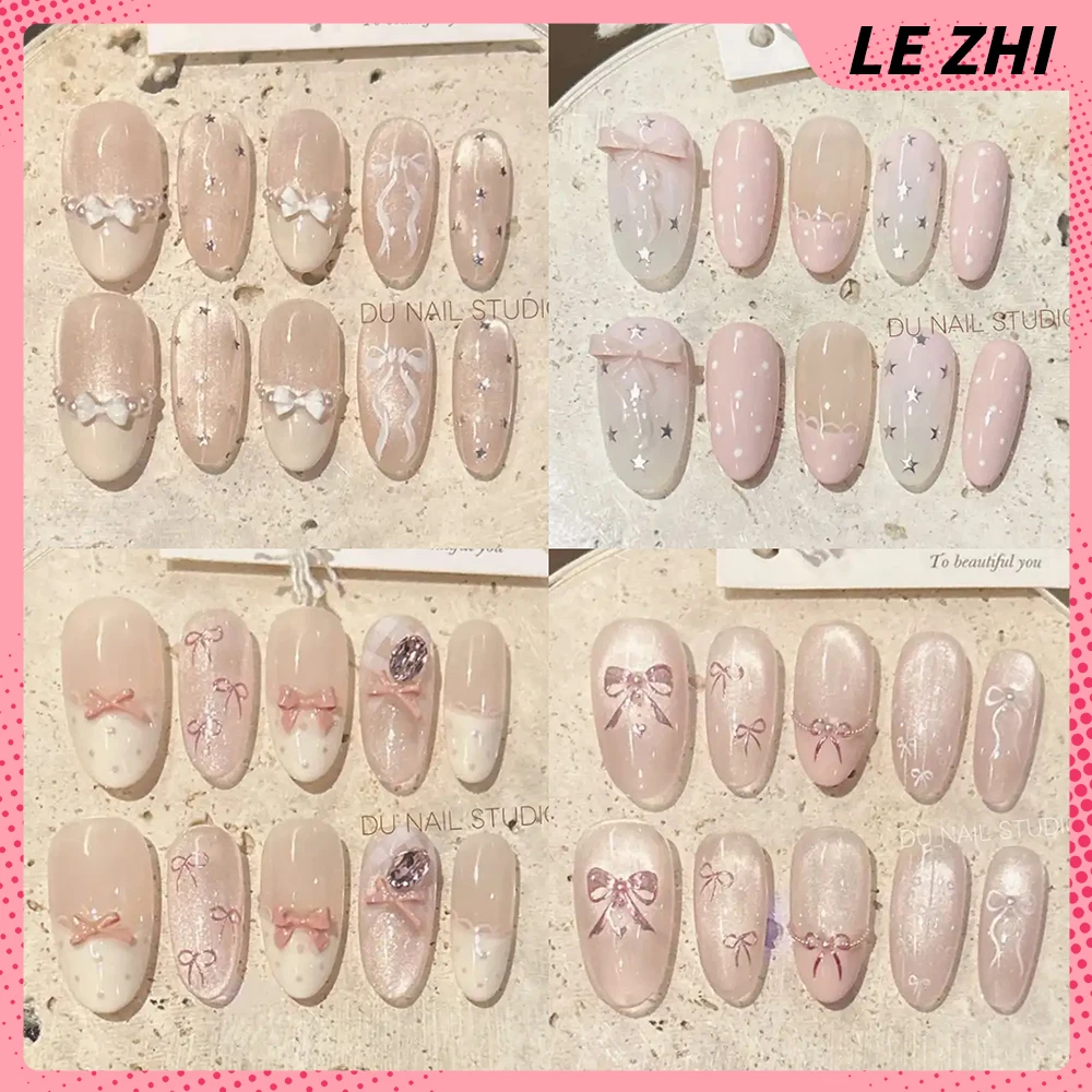 

Gentle Elegant Cat Eyes Bowknot Handmade Ellipse Removable Press On Nails Pearl Diamond Flower Snowflakes Stars Dots False Nails