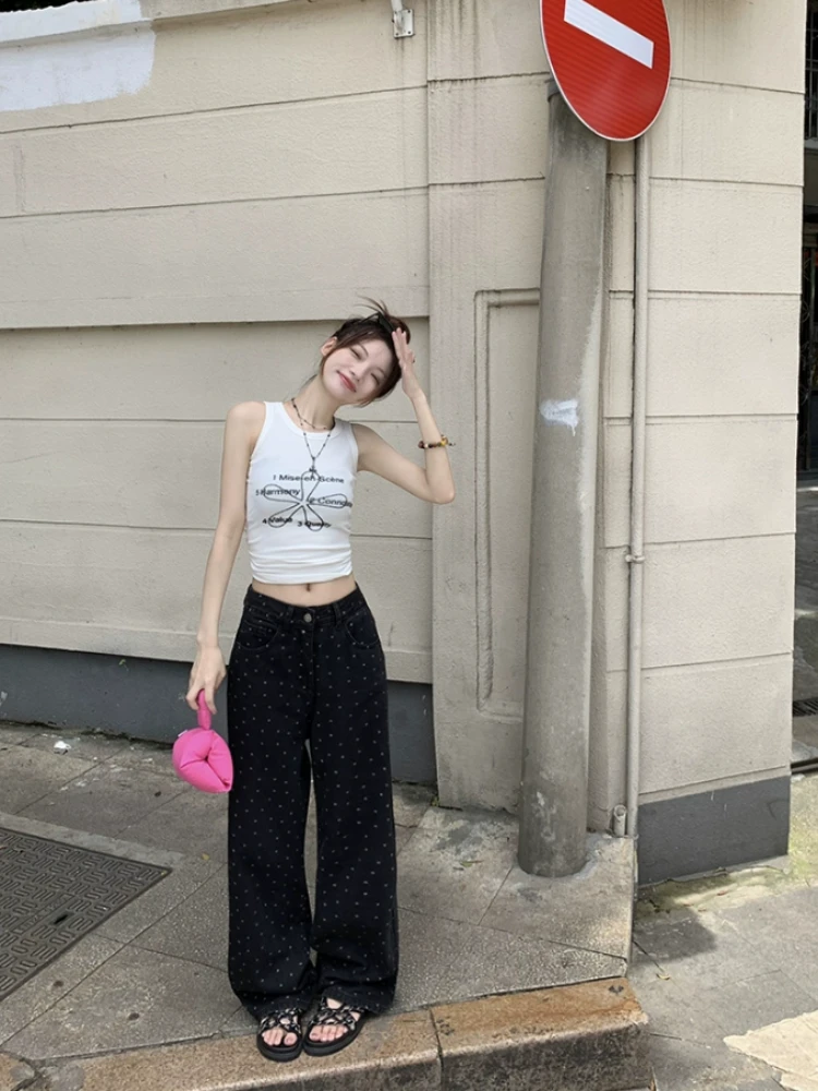 Black Polka Dot Straight Jeans Women High-waisted Loose Wide Leg Pants Autumn Winter Fashion Korean Y2k Streetwear Long Trousers