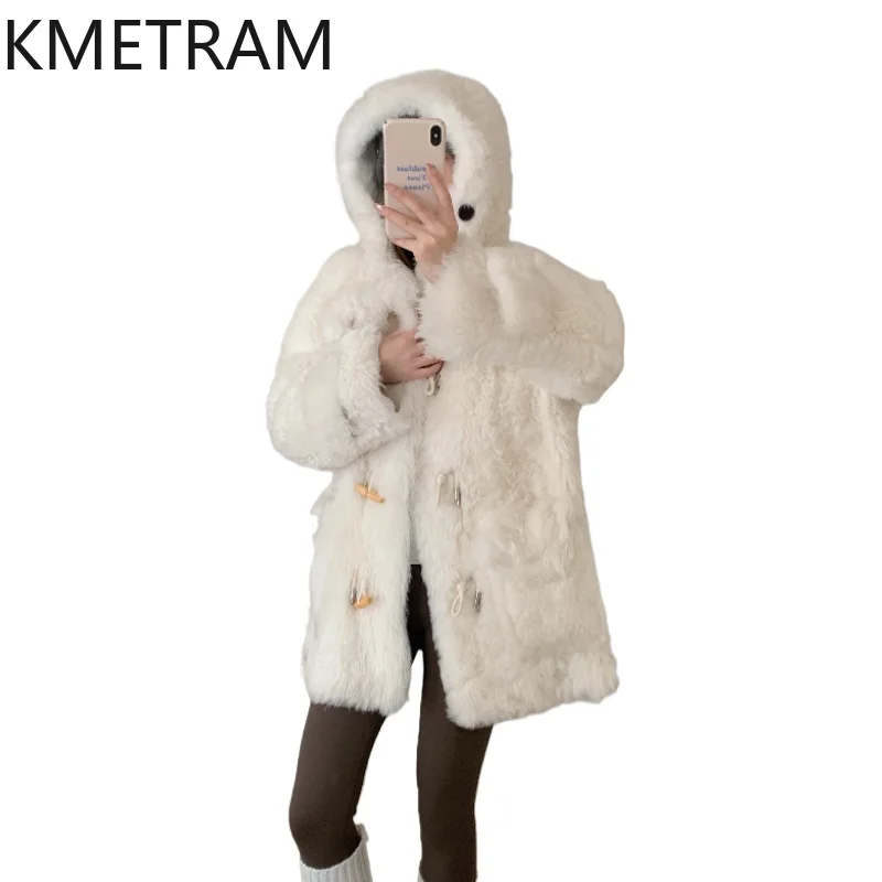 KMETRAM Naturalna Skóra Owcza z Wełną, Płaszcz Damski Średniej Długości, Kurtka z Prawdziwego Futra z Kapturem, Nowość w Kategorii Płaszczy, Zimowa Odzież Damska