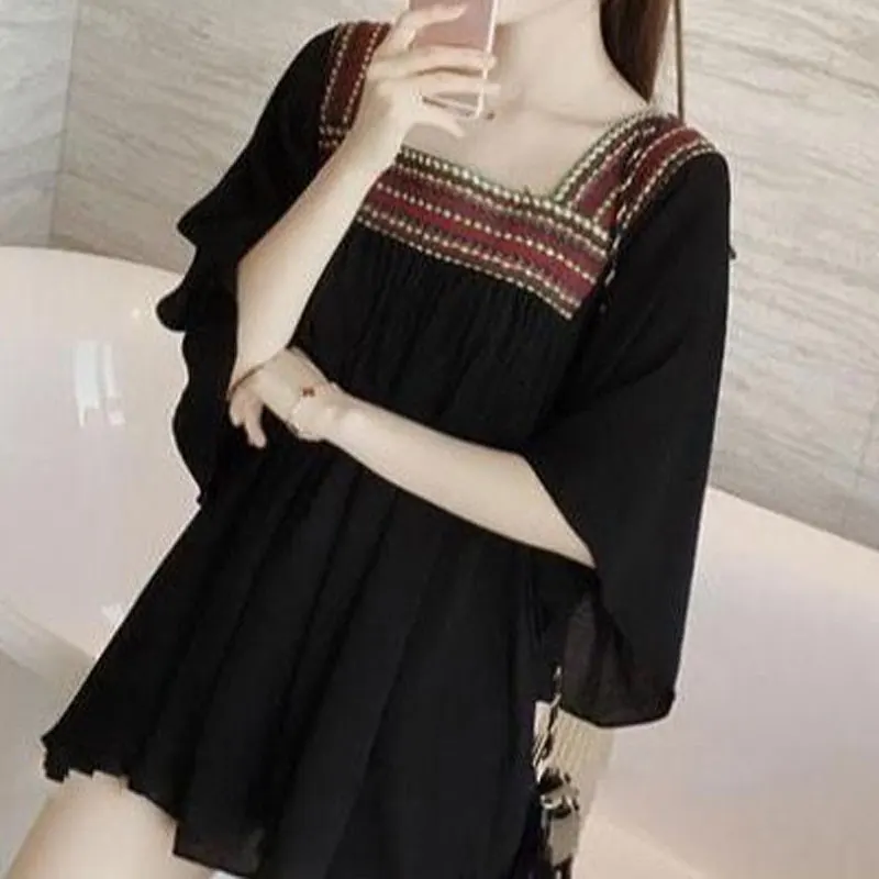 Elegant Square Collar Folk Patchwork Shirt Women\'s Clothing Solid Color All-match Summer Loose Short Sleeve Chiffon Midi Blouse