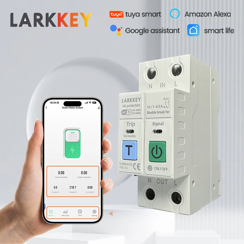 

Tuya WiFi Smart Circuit Breaker 2P Leakage Over Voltage Current protection 1-63A Adjustable Metering Timer Switch L+N LARKKRY