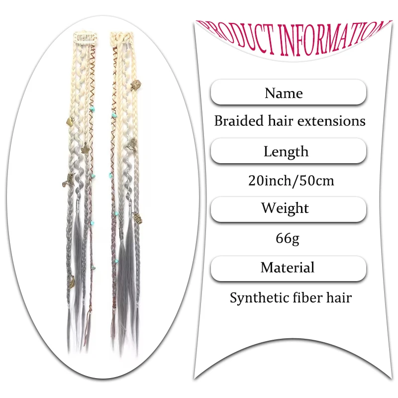 Wig with 4 small braids and hair extensions for women paired with Bohemian style BB clip on synthetic boxing braids