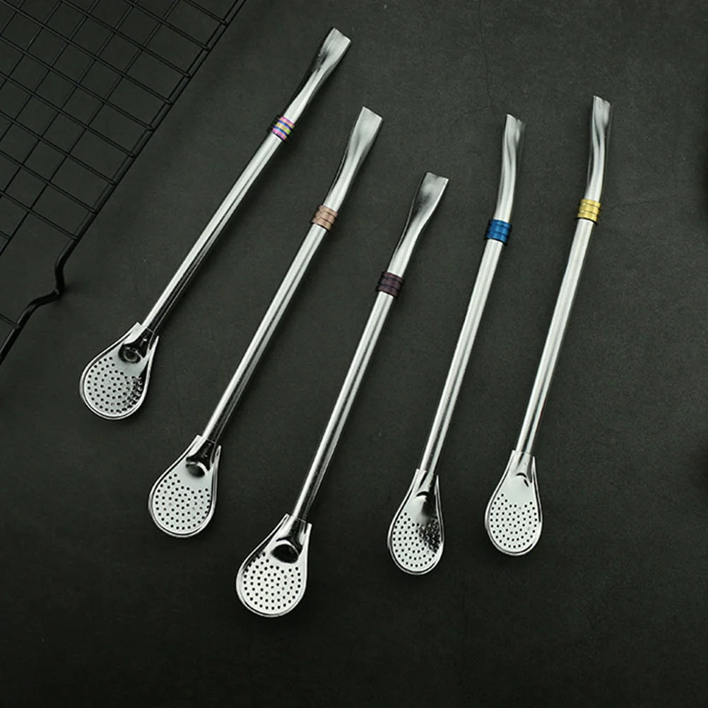 

5 Pcs Filter Straw Spoon Beverages Stir Stirring Filtering 304 Stainless Steel Mixing Strainer