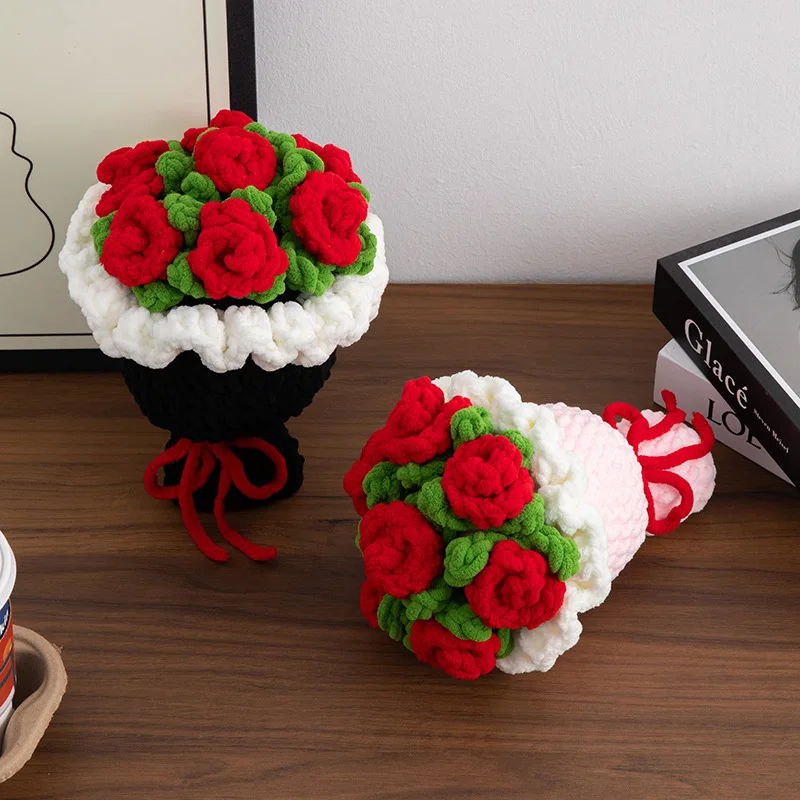 Rosa girassóis plantas de pelúcia crochê acabado malha criativa segurando buquês dia das mães aniversário formatura presente