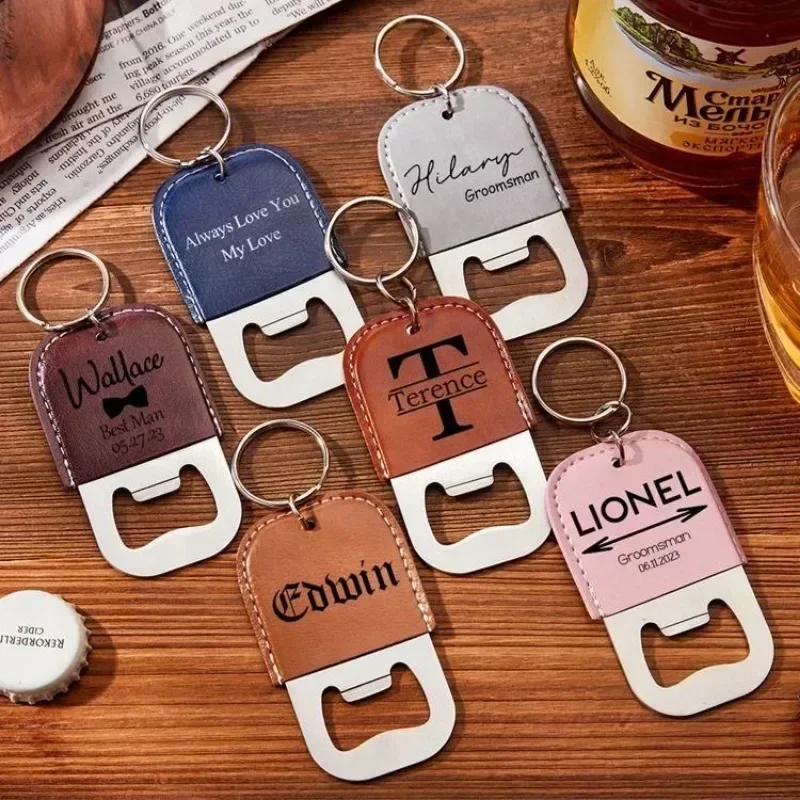 Customized Logo Pu Leather Stainless Steel Keychain Laser Engraved Beers Bottle Opener Key Chains Vintage Retro Keyring Gifts