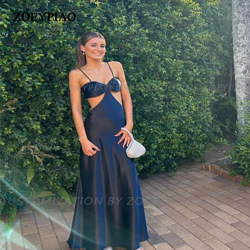 

Sexy Black Satin A Line Strapless Evening Prom Dresses Cut Out Celebrate Party Dress Sleeveless Backless Formal Gowns