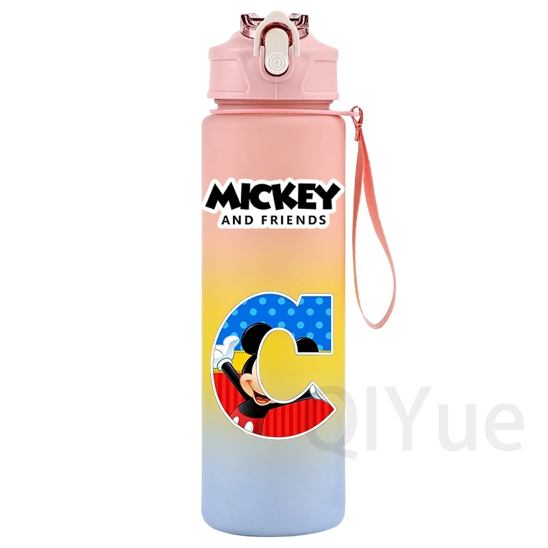 750Ml Large Capacity Disney Mickey Mouse Plastic Straw Water Cup Sports Water Bottle Letters A-Z Outdoor Camping Drinking Tools