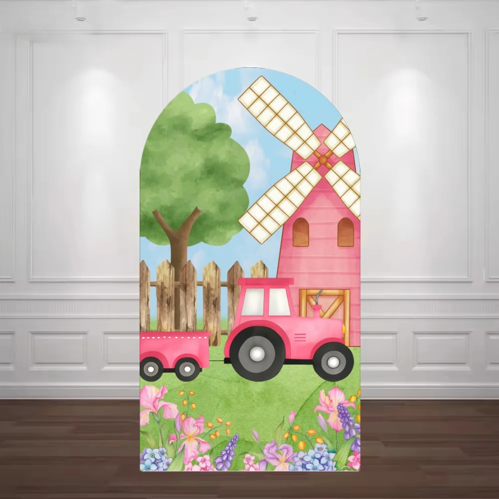 

Pink Farm Theme Arch Cover Backdrop Cow Pig Tractor Windmill Decor For Girls Birthday Party Baby Shower Background Decoration