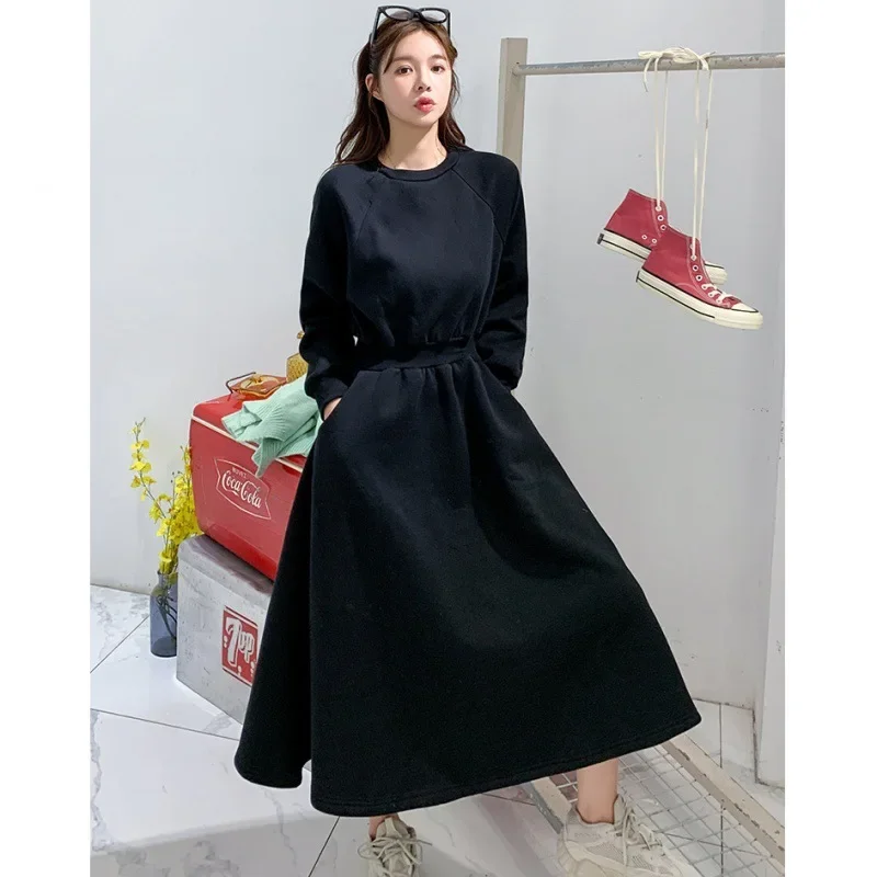 ชุดเดรสยาวสไตล์เกาหลี แขนยาว ไซส์ใหญ่ ช่วยพรางหุ่น  ลดราคาสุดฮอตช่วงฤดูใบไม้ผลิและฤดูใบไม้ร่วง  ชุดเดรสสเวตเชิ้ตแฟชั่นสำหรับผู้หญิง