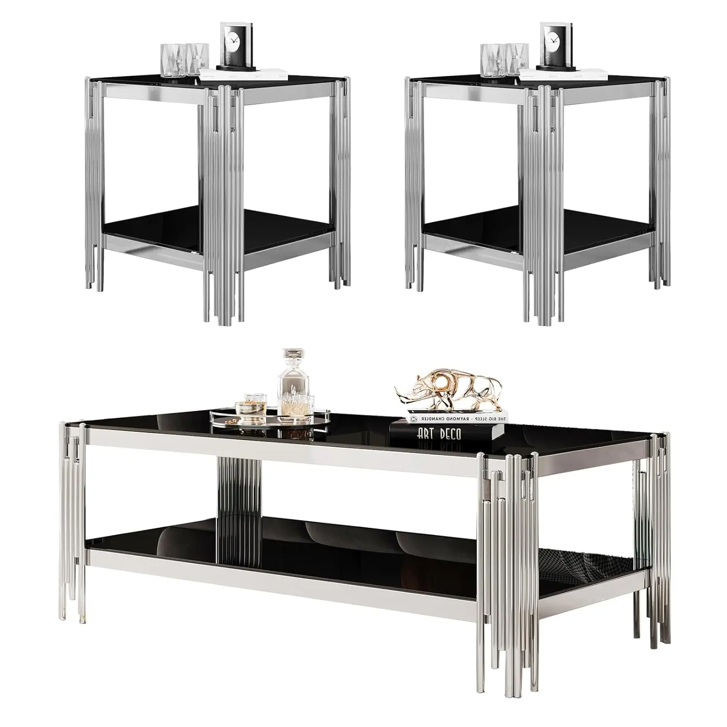 

Комплект из 3-х черных стеклянных журнальных столиков с серебристыми ножками из нержавеющей стали для гостиной, спальни, домашнего офиса, на заказ