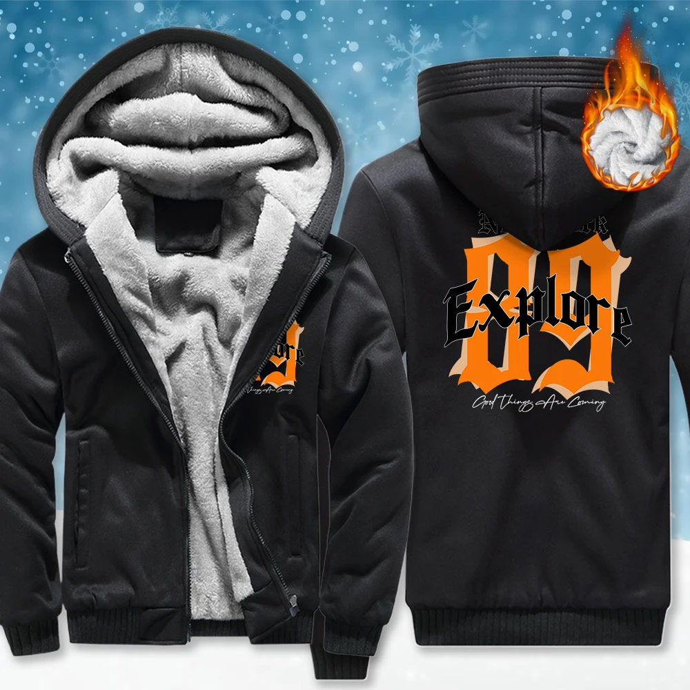 

New York City Explore Male Zipper Thicken Coats Fashion Sweatshirt Retro Loose Hooded Thicken Fleece Winter Soft Sportswears