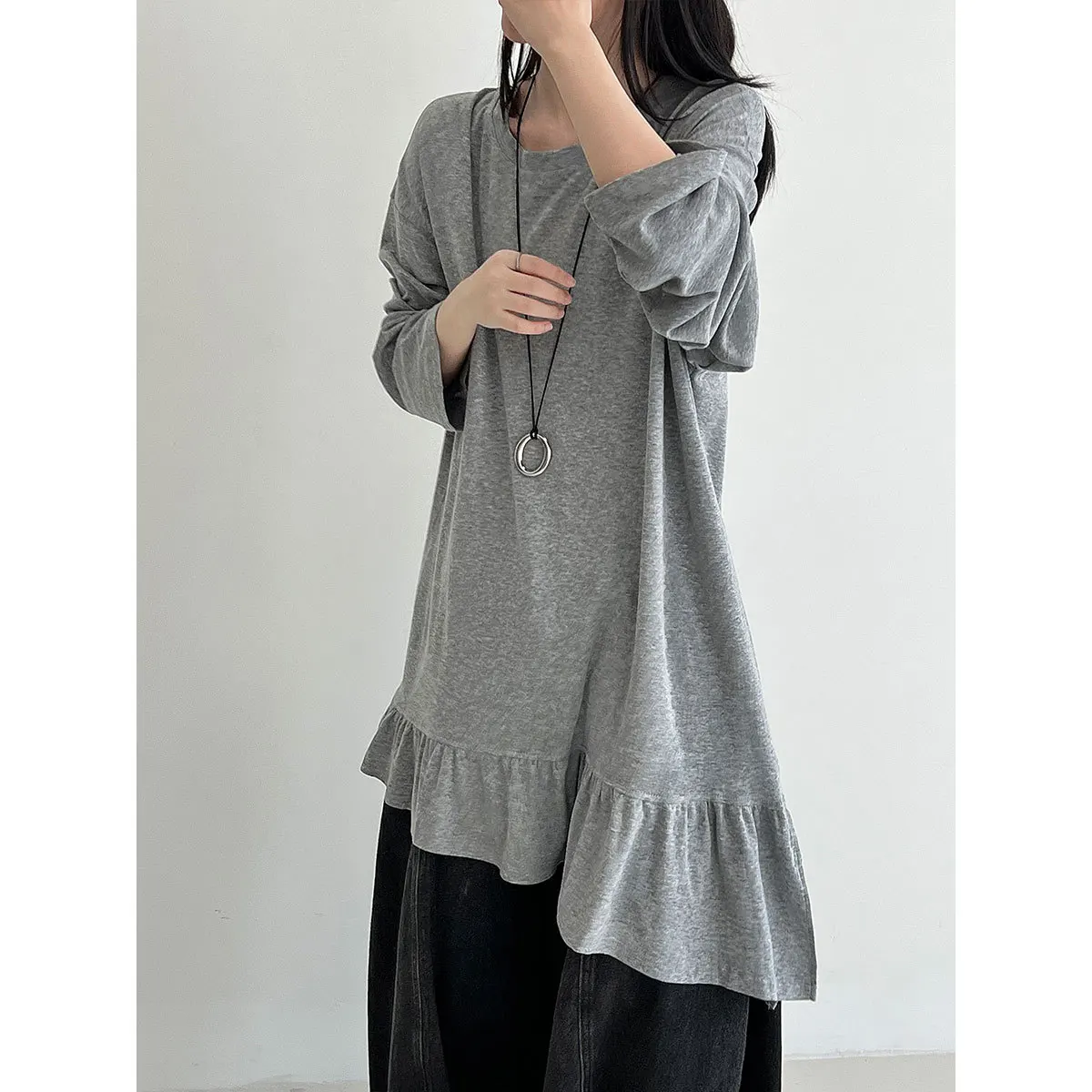 

Mid Length Tops Women Top Round Neck Full Sleeve Ruffles Sexy Y2k Streetwear High Waist Elegant Work Casual Loose Spring 2026