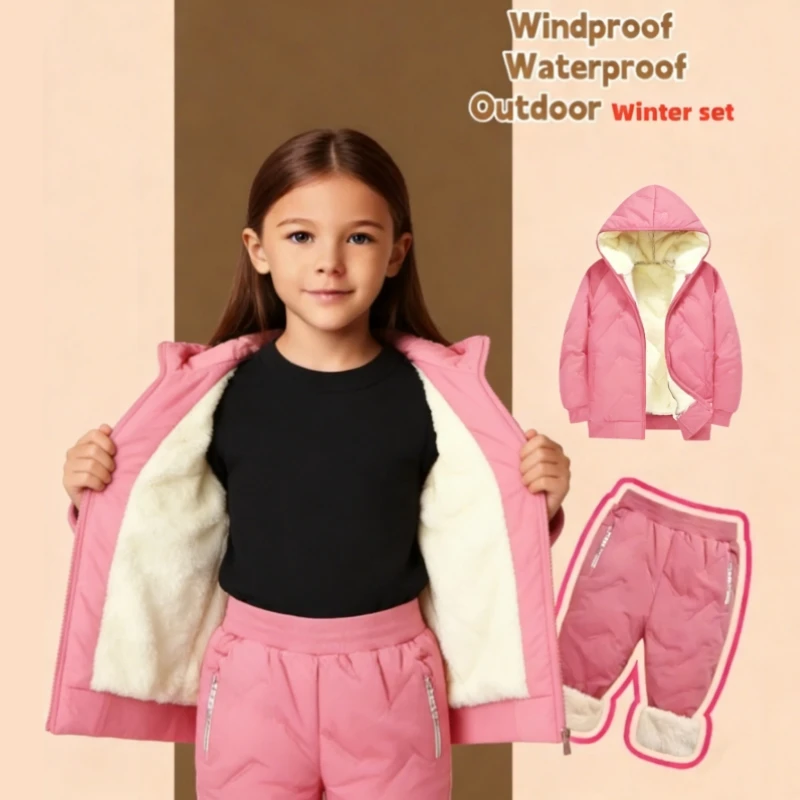 Dubbped Winter 2-piece Set Boys Girls Jacket Coats Lamb Wool Plus Velvet Thick Coats Toddler Children Outwear Cotton Jackets