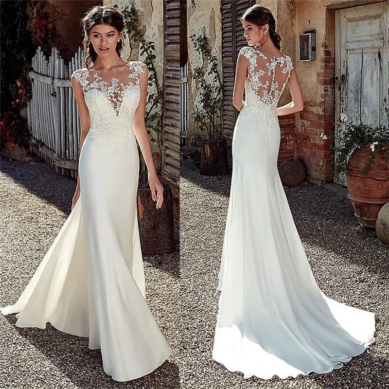 

2025 New Scoop Cap Sleeves Mermaid Wedding Dress Buttons Back Lace Appliques Women Boho Bride Gowns Spring Long Mariage