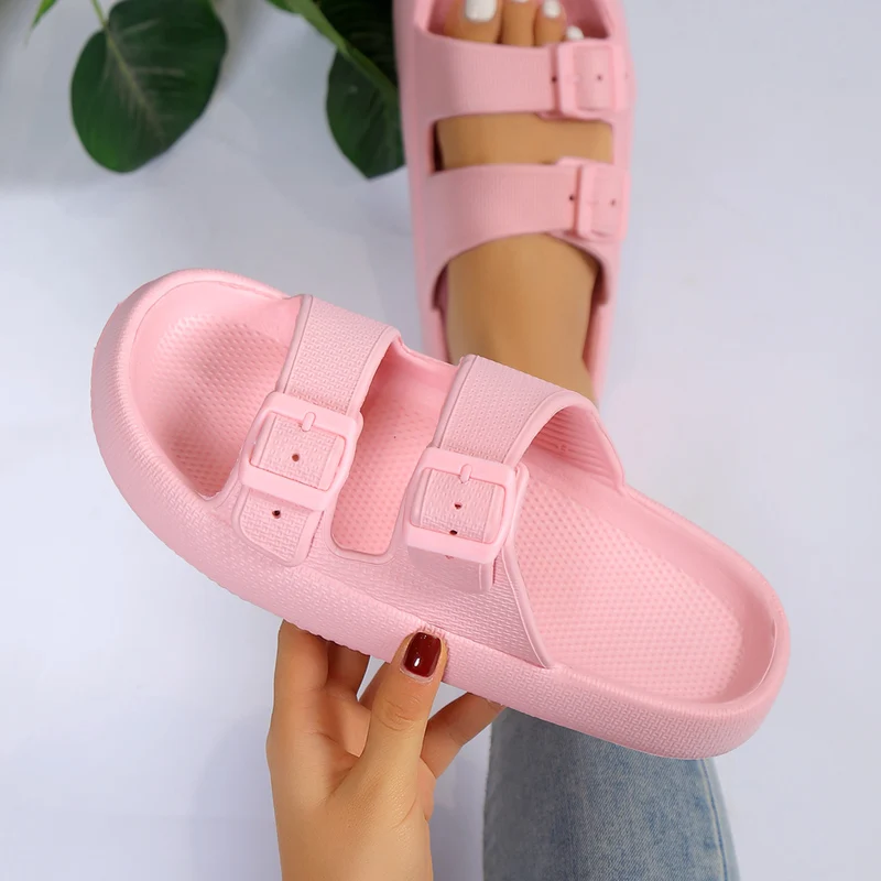 Summer Slippers Double Buckle Slide Sandals Women Couple Home Slides EVA Thick Sole Light Weight Flip Flops Bothe Shower Shoes