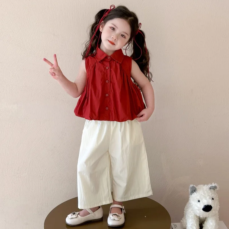 Korean girls' sleeveless solid color wide-leg pants set2026New Summer Fashionable Two-Piece Set for Kids, Popular Online Childre