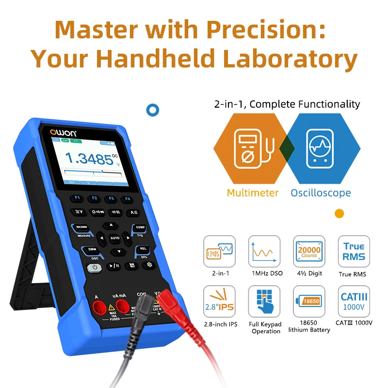 

OWON HDS120 Digital Oscilloscope Multimeter 2-in-1 20000 Counts True RMS Tester 1MHz 5MS/s Automatic Range 18650 Lithium Battery