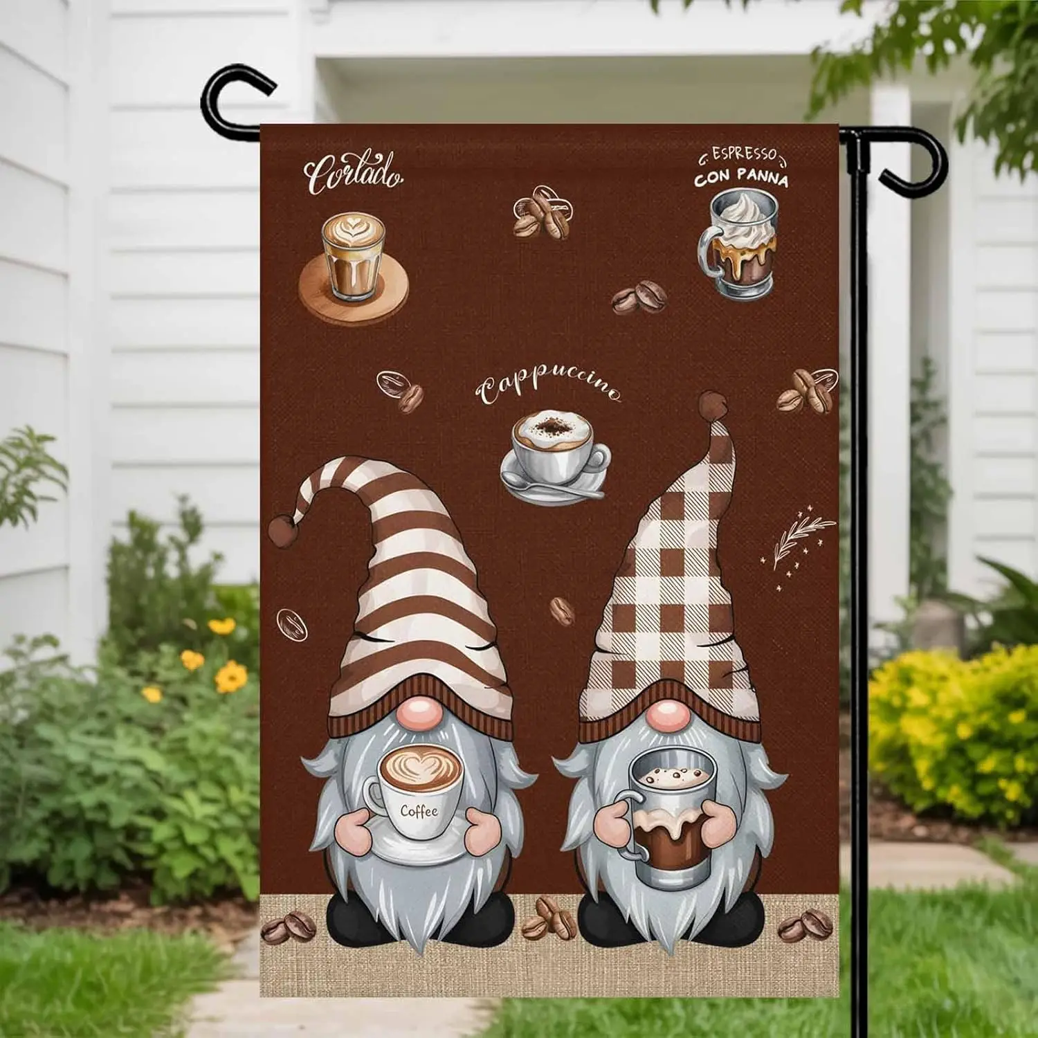 Coffee Gnomes Garden Flags 12x18 Double Sided Outside Decoration Coffee Beans Cups Brown Decorative Welcome Yard Flag Banner uui