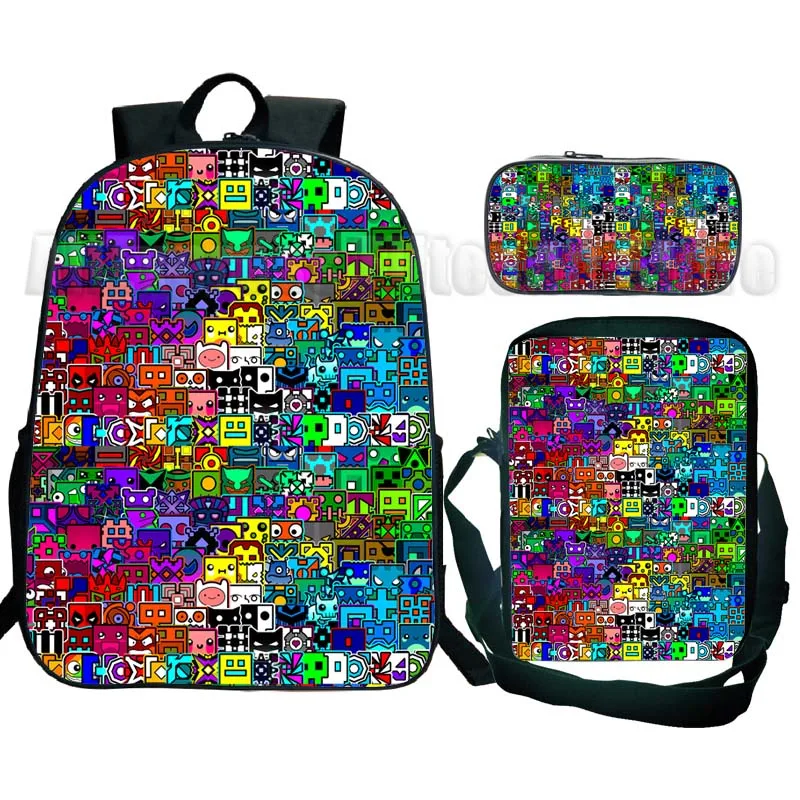 Boys Girls Angry Geometry Dash Backpacks 3Pcs/set Kids Anime Knapsacks with Pencil Case Shoulder Bag Students School Book Bags