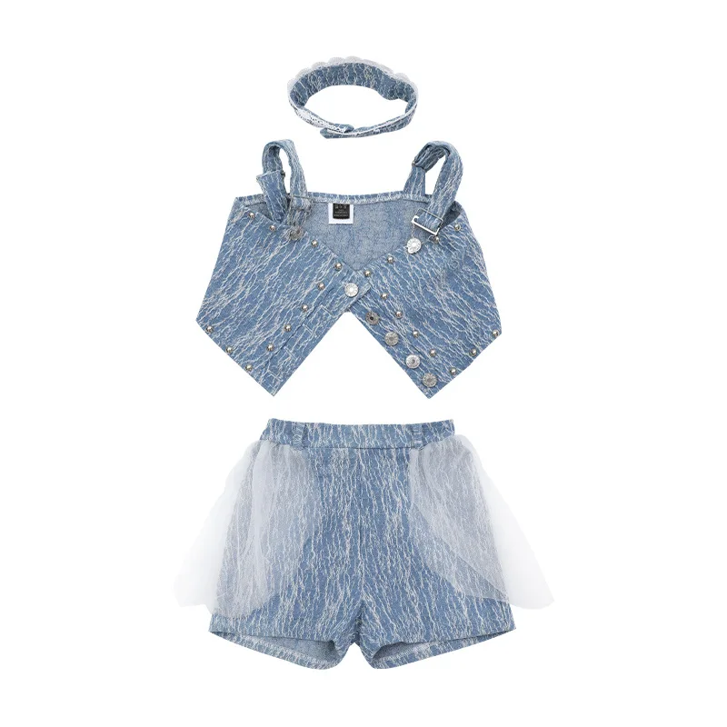 Kid Hip Hop Clothing Denim Blue Button Front Crop Tank Top Choker Gauze Jeans Shorts for Girl Jazz Dance Costume Clothes Set